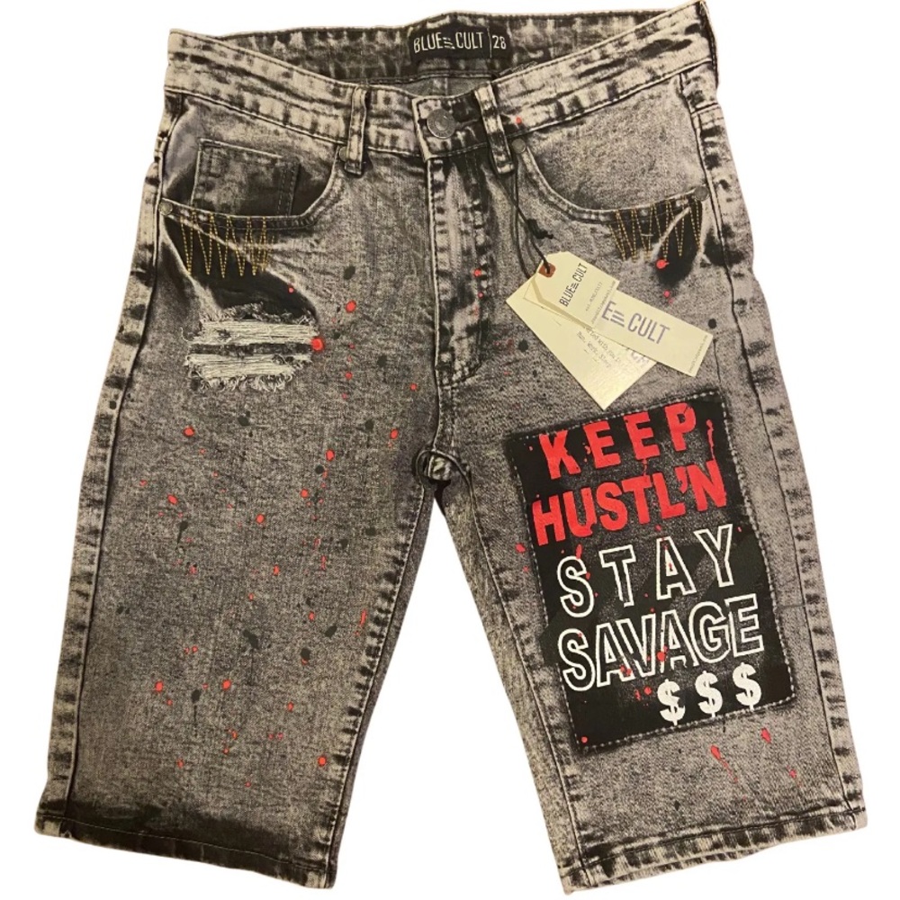 Blue Cult Jean Shorts Size 28 Gray Distressed Denim Keep Hustlin Stay Savage NWT